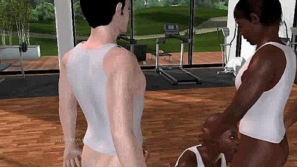 Horny 3D cartoon ebony hunk sucking a pair of cocks 