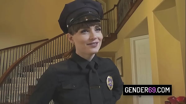 Beautiful tranny cop Natalie Mars gives a blowjob and gets her ass analed by a kinky guy