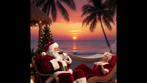 Papai Noel e mam&atilde;e Noel muito sexy na praia se deliciando com coc&ocirc;  
