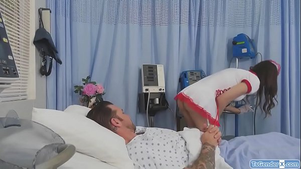 A patient wants to release stress so the trans nurse Korra Del Rio gives him a handjob and a blowjob.Then she anal rides his cock and he barebacks her 