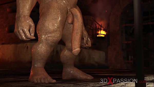 Big monster bangs a cuffed fantasy girl elf in the dungeon
