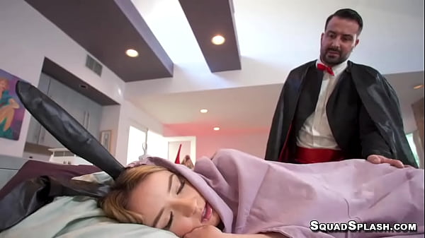 Small petite blonde slut with small tits in stocking Maria Kazi gives riding in cowgirl and reverse cowgirl with footjob on big hard dick from Romeo Mancini on the bed in the living room