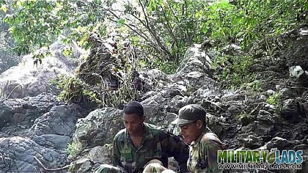 Army boys scout for hard meat outdoors