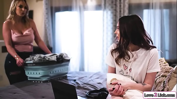 Stepmom finds out stepdaughter is a porn addict and asks to watch.They masturbate and the big tits milf licks her cunt.She gets oral sex and they trib  