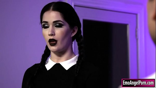 Small tits goth Wednesday Addams is convinced by a tattooed guy to get fucked.He kisses her and makes her deepthroat his big cock.She facesits him and is doggystyled rough.He keeps on banging her  