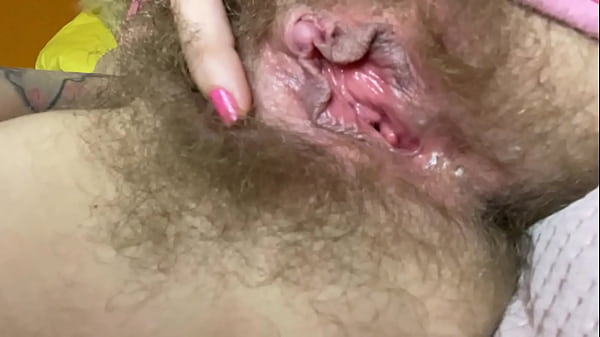 Hairy pussy girl with huge clit masturbates in panties