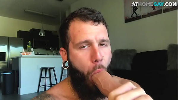 Tattooed otter cums after jerking and riding big toy 