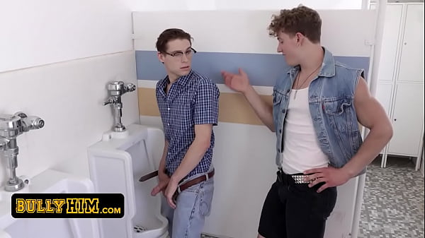 Horny Class Bully Loves Dominating The Helpless Nerd In The Bathroom While He Moans In Pleasure 