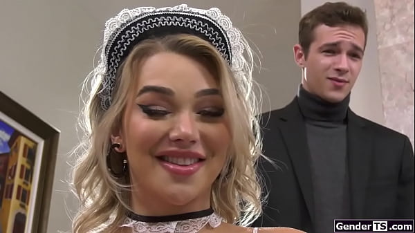 Shemale French maid Emma Rose fucks her boss ex wifes pussy toy while hes watching.The tgirl sucks his big cock.The trans babe bareback anal rides  