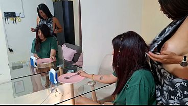 Beautiful busty stepmother celebrates the new year having lesbian sex with her curvy stepdaughter  