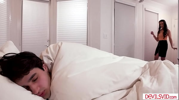 Brunette milf catching stepson jerking off.She gives him blowjob and asks to have anal sex.The guy sucks his stepmoms big tits then fucks her ass. 