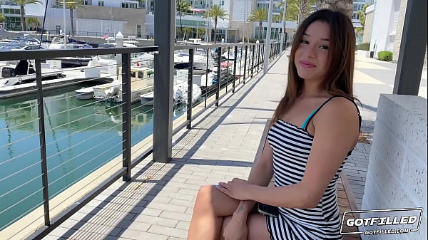 Sexy little spinner gags and fucks her new neighbors big meaty cock