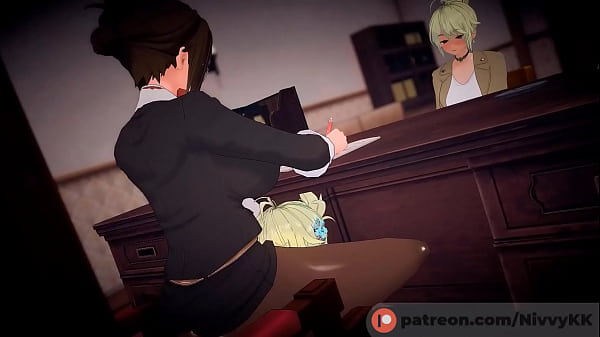 (Koikatsu 3D Animation Futanari) An student gives the principal a blowjob, hiding under the desk while her mother talks to the principal. 