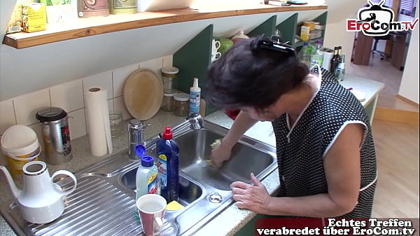 German grandmother get hard fuck in kitchen from step son  