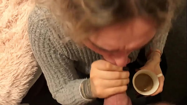 Blonde cocksucker gets face fucked and then drinks coffee with cum!