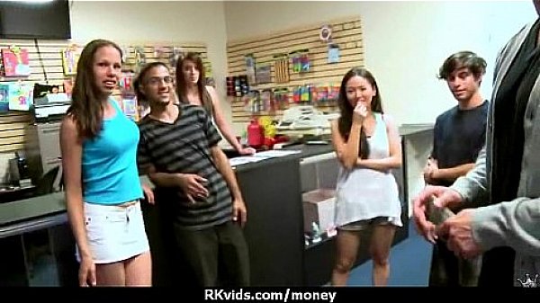 Tight teen fucks a man in front of the camera for cash