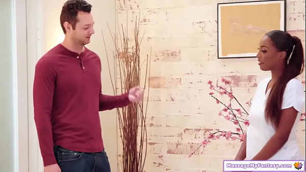 Big boobs ebony masseuse oils up and gives client a bodyslide massage.She rubs her pussy over his cock and tittyfucks him.The black babe is banged  