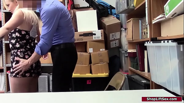 Blonde steals and is stripsearched by an officer.He gropes her small tits and offers her a way out of trouble.He makes her give him a bj and fucks her  