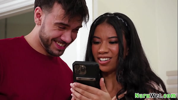 Natural busty teen girl slide her naked wet body on her customer and fuck him