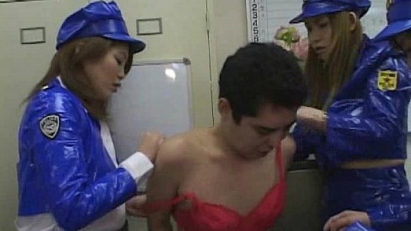 Crossdressing police is caught by policewomen and gets humiliated