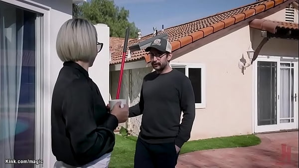 Gardener Tommy ties MILF housewife in lingerie Helena Locke and licks her hairy pussy then fucks her in threesome obndage with stepdaughter Maya Kendrick