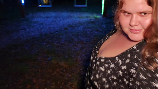 Fucked obedient fat girl on the swings in the village in the mouth and tight huge ass and cum on big tits