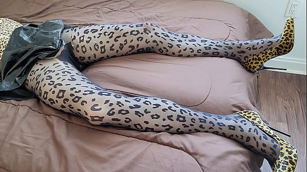 Sissy masturbating in leopard pantyhose 