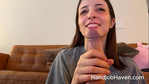 pretty brunette slow strokes cock on her face so you can leave your load on her tongue