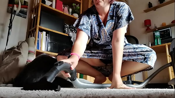 Fat italian stepmom vacuums carpet and very dirty floor