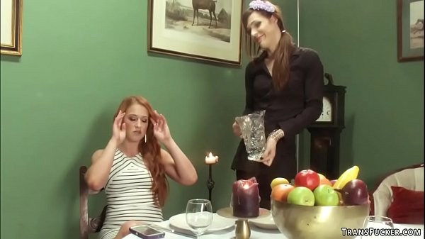 After her bad luck with dates hot redhead babe Cheyenne Jewel has been invited by brunette shemale waitress Stefani Special and fucked 