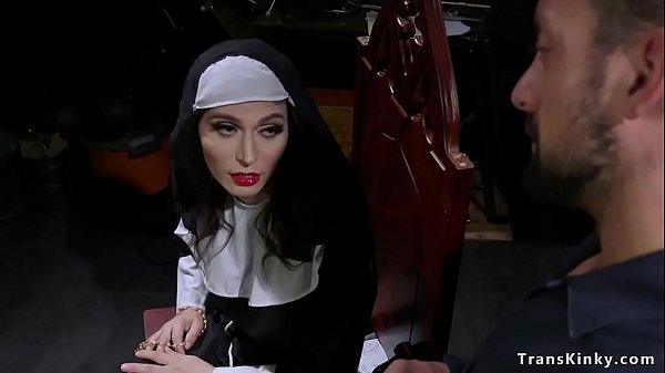 Beautiful brunette shemale nun punishes repairman sinner DJ and makes him on deep throat blowjob