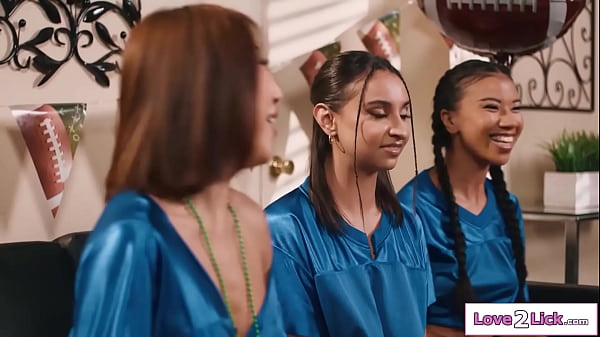 Busty blonde Blake Blossom won the bet and now her three gfs Asian Nicole Doshi,latin Hailey Rose and ebony Ameena Green will have to lick her pussy  