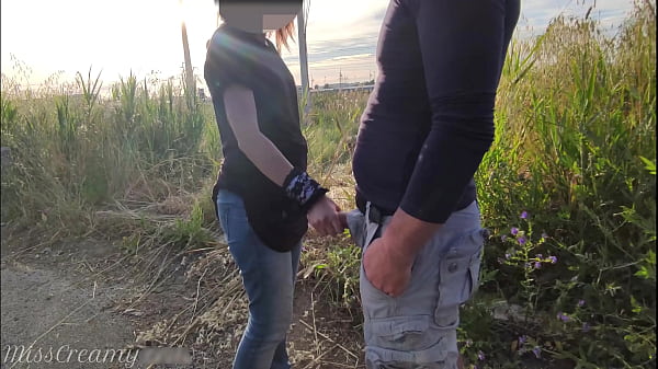 Dick flash - I pull out my cock in front of a young girl in public road and she helps me cum - it's very risky 4K