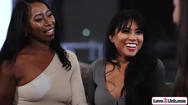 Curvy brunette has open relationship with ebony gf and they have a 3some with a petite asian babe.She licks the black girl pussy as she gets oral sex  