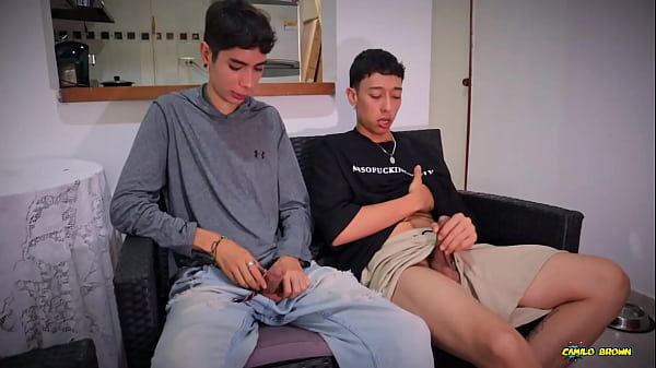 Two Curious Straight Friends Looking At Each Other While They Jerk Off