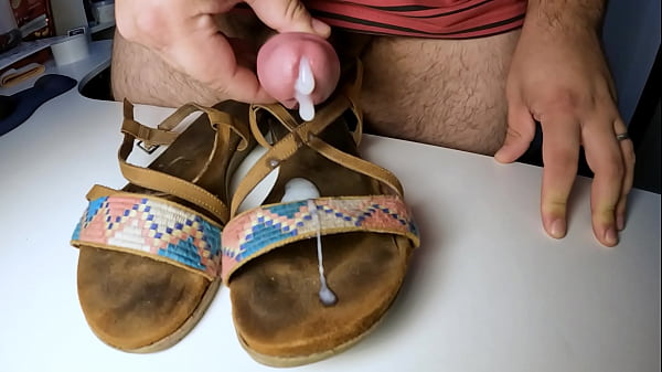 Jerking off with wife's flats - slow motion cumshot 