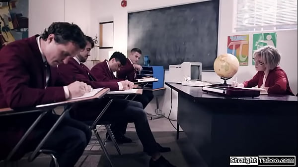 Teacher is dominated by 4 students that are tired of her scolding.The big tits milf is facefucked and then a teen rims her.Then another guy fucks her