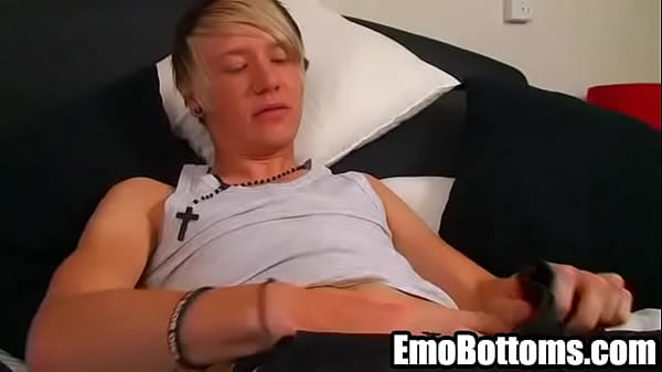 Emo twink Phoenix Link strips and tugs on his cock 