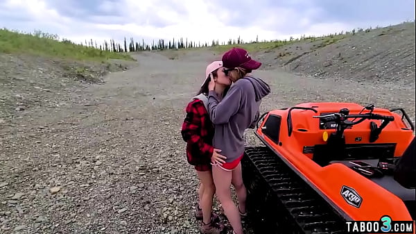 Hubby banging a busty teen and a redhead MILF outdoor 