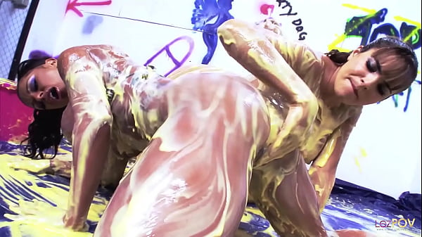 Messy threesome involving busty lesbians who love to fool around with food  