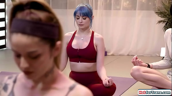 Blonde ts yoga teacher Emma Rose grabs big tits students ass during class.The small tits tgirl sticks her shemale cock in her pussy and fucks her