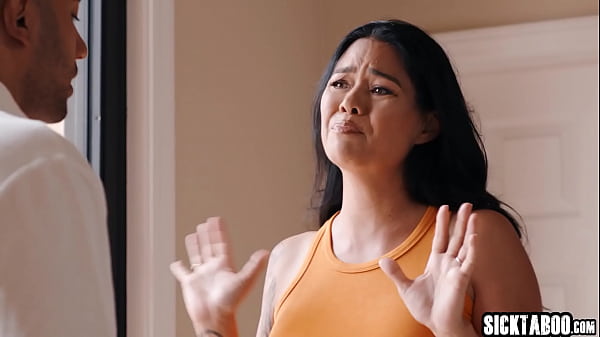 Sexy big tits Asian Ember Snow swallowed hard dick before she got caught and enjoyed rough threesome sex