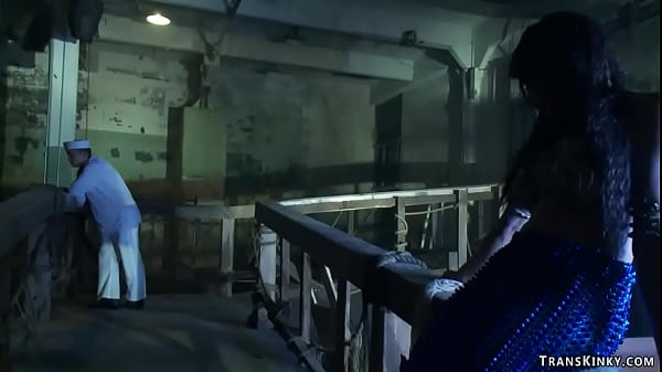 Big tits brunette shemale siren Yasmine Lee captures sailor Micah Andrews and then ties him and anal fucks with big cock in doggy style position 