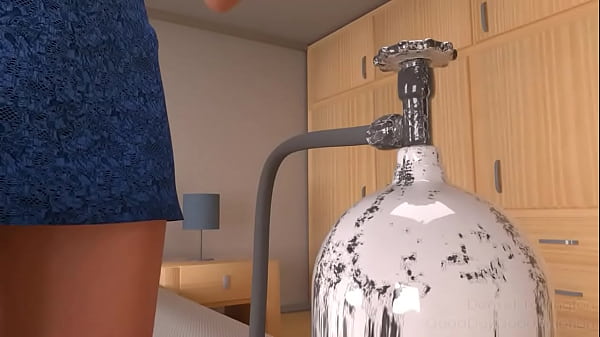 A woman is inflated by gas like a big balloon