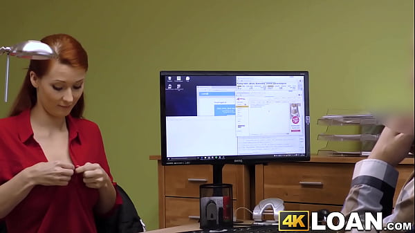 Redhead with giant juggs won't leave until she gets money by fucking an agent and having her ass fingered.