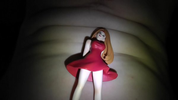 a lot of precum and cum shower for doll in red dress