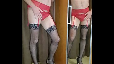 Crossdresser dressed in Bra and panties and masturbates in it.  