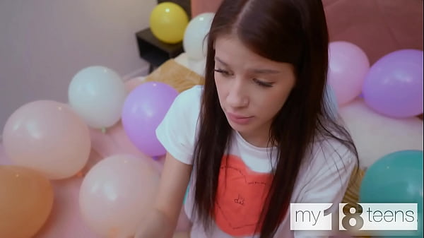 MY18TEENS - Skinny girl with small tits blows up balloons and fucks herself with a dildo