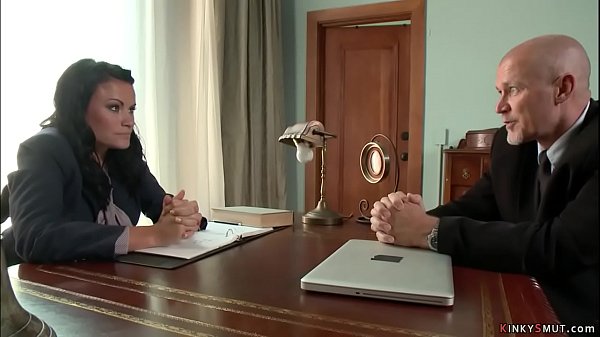 Elder boss Mark Davis bends over desk sexy big tits brunette employee Ashli Ames and with big cock pounds her pussy from behind in rope bondage