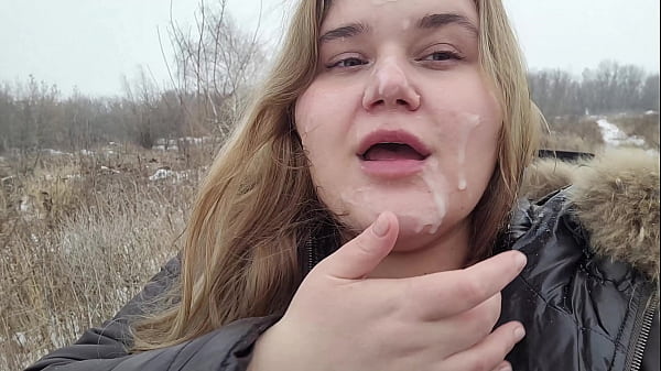 Huge facial of a cute BBW blonde with big breasts in inclement weather